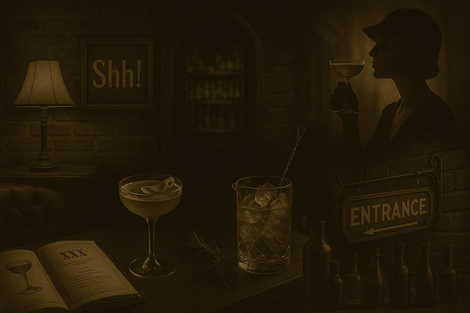 Speakeasy entrance with cocktails and vintage atmosphere